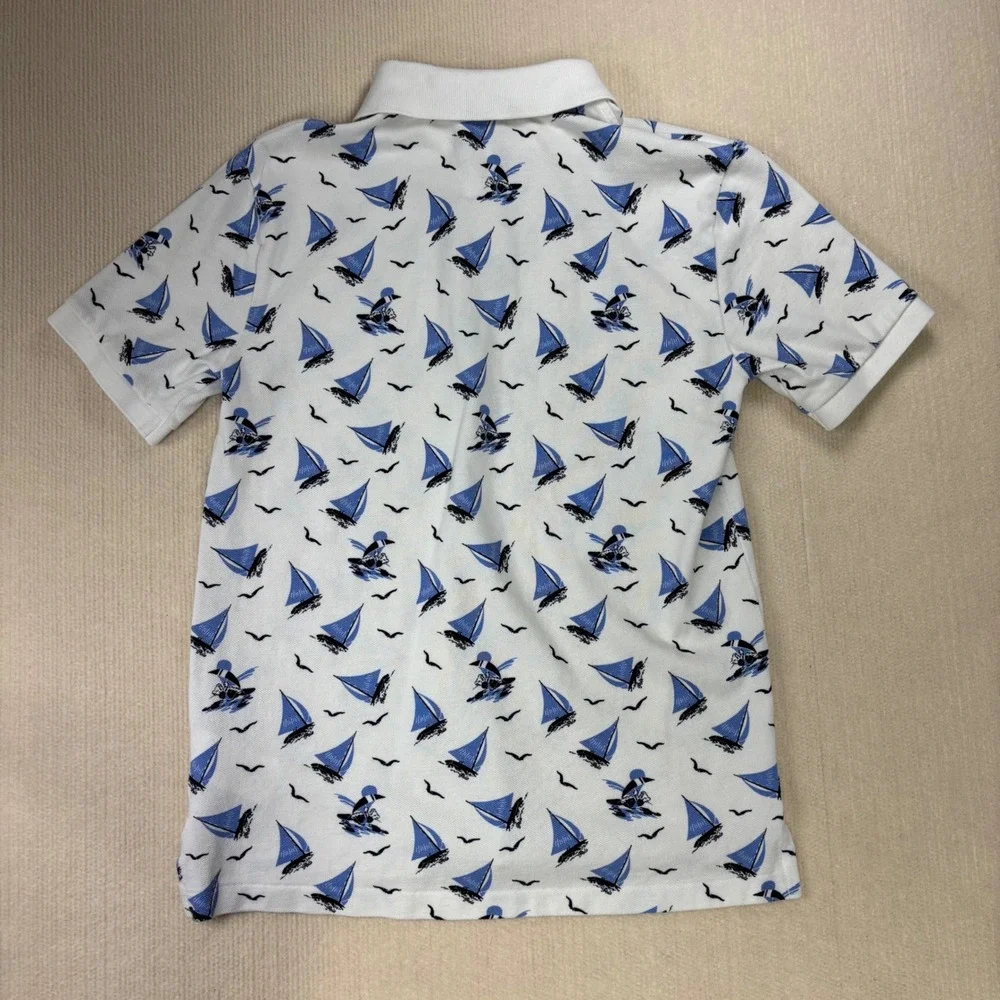 Polo Ralph Lauren Boys White Blue Sailboat Nautical Pique Polo Shirt L 14-16